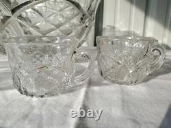 Vintage Fostoria Heavy Pressed Glass Punch Bowl With 9 Glasses