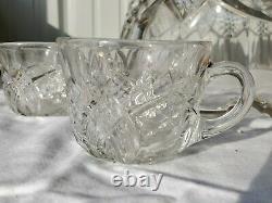 Vintage Fostoria Heavy Pressed Glass Punch Bowl With 9 Glasses