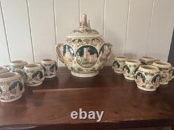 Vintage GERZ German Castle Punch Bowl Set 10 Mugs 3361 Covered Tureen Rhine
