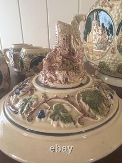 Vintage GERZ German Castle Punch Bowl Set 10 Mugs 3361 Covered Tureen Rhine