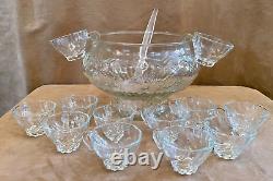 Vintage Glass Antique Punch Bowl 12 Hook Cups Grapes fruit pattern Serving Set