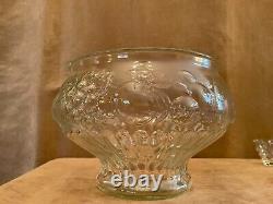 Vintage Glass Antique Punch Bowl 12 Hook Cups Grapes fruit pattern Serving Set