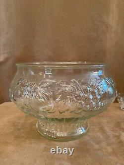 Vintage Glass Antique Punch Bowl 12 Hook Cups Grapes fruit pattern Serving Set