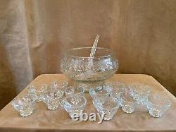 Vintage Glass Antique Punch Bowl 12 Hook Cups Grapes fruit pattern Serving Set