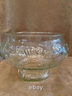 Vintage Glass Antique Punch Bowl With 12 Cups Grapes fruit pattern Serving Set