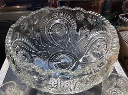 Vintage Glass Cut Crystal HEAVY PUNCH BOWL With Cups Star Fan Feather 14lb