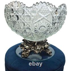 Vintage Glass Daisy & Button Punch Bowl & Heavy Silver/Brass Bowl Base Stand