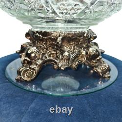 Vintage Glass Daisy & Button Punch Bowl & Heavy Silver/Brass Bowl Base Stand