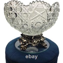 Vintage Glass Daisy & Button Punch Bowl & Heavy Silver/Brass Bowl Base Stand