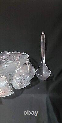 Vintage Glass Fleur De Lys Punch Bowl Set
