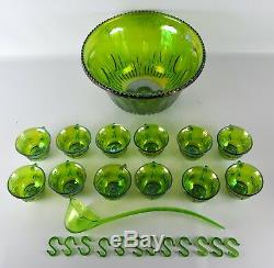 Vintage Glass Lime Green Carnival Punch Bowl Fruit Complete Cups Drink Old