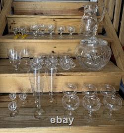 Vintage Glass Punch Bowl Set 33 Pieces, 7 Different Glasses + 6 Shot Glasses
