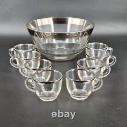 Vintage Glass Punch Bowl Set Silver Rim 8 Cups Mid-Century Modern Party Bar