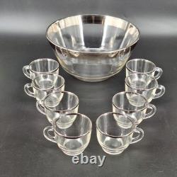 Vintage Glass Punch Bowl Set Silver Rim 8 Cups Mid-Century Modern Party Bar
