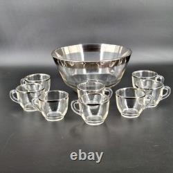 Vintage Glass Punch Bowl Set Silver Rim 8 Cups Mid-Century Modern Party Bar