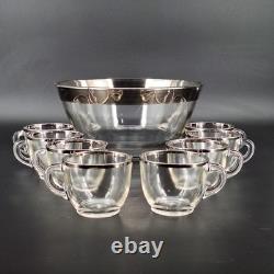 Vintage Glass Punch Bowl Set Silver Rim 8 Cups Mid-Century Modern Party Bar