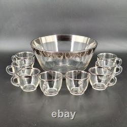 Vintage Glass Punch Bowl Set Silver Rim 8 Cups Mid-Century Modern Party Bar