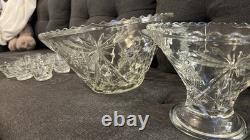 Vintage Glass Punch Bowl Set with 12 Matching Cups & Ladle Starburst Pattern