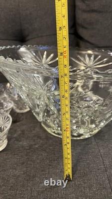Vintage Glass Punch Bowl Set with 12 Matching Cups & Ladle Starburst Pattern