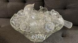 Vintage Glass Punch Bowl Set with 12 Matching Cups & Ladle Starburst Pattern