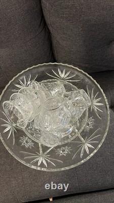 Vintage Glass Punch Bowl Set with 12 Matching Cups & Ladle Starburst Pattern