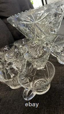 Vintage Glass Punch Bowl Set with 12 Matching Cups & Ladle Starburst Pattern