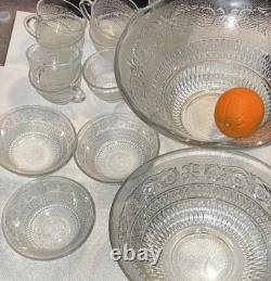 Vintage Glass Punch Bowl Set with Cups and Bowls, Floral Geometric Pattern 14 PC