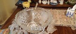 Vintage Glass Punch Bowl with 12 Hanging Cups And Stand
