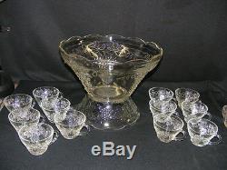 Vintage Glass Punch Bowl with Stand & 12 Cups Harvest Grape Pattern