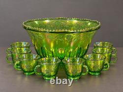 Vintage Green Carnival Glass Punch Bowl Set 14pc 12 Cups Ladle Excellent