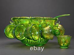 Vintage Green Carnival Glass Punch Bowl Set 14pc 12 Cups Ladle Excellent