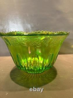 Vintage Green Carnival Glass Punch Bowl Set 14pc 12 Cups Ladle Excellent
