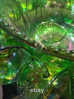 Vintage Green Carnival Glass Punch Bowl Set 14pc 12 Cups Ladle Excellent