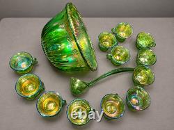 Vintage Green Carnival Glass Punch Bowl Set 14pc 12 Cups Ladle Excellent