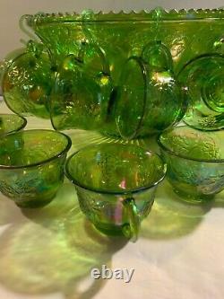 Vintage Green Carnival Glass punch bowl set with11 cups & 6 clips