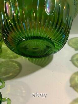 Vintage Green Carnival Glass punch bowl set with11 cups & 6 clips
