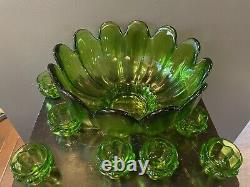 Vintage Green Glass Punch Bowl Tulip Shape Punchbowl Tulip Glasses VERY HEAVY