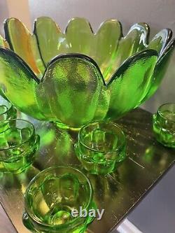 Vintage Green Glass Punch Bowl Tulip Shape Punchbowl Tulip Glasses VERY HEAVY