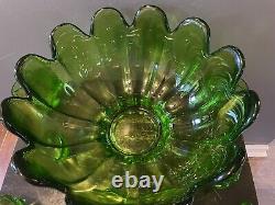 Vintage Green Glass Punch Bowl Tulip Shape Punchbowl Tulip Glasses VERY HEAVY