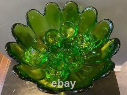 Vintage Green Glass Punch Bowl Tulip Shape Punchbowl Tulip Glasses VERY HEAVY