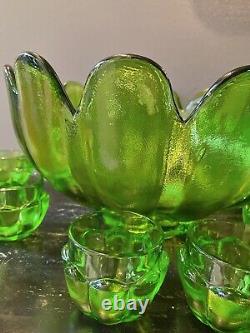 Vintage Green Glass Punch Bowl Tulip Shape Punchbowl Tulip Glasses VERY HEAVY