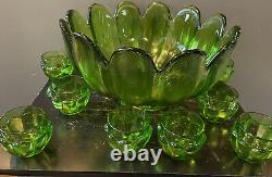 Vintage Green Glass Punch Bowl Tulip Shape Punchbowl Tulip Glasses VERY HEAVY