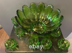 Vintage Green Glass Punch Bowl Tulip Shape Punchbowl Tulip Glasses VERY HEAVY