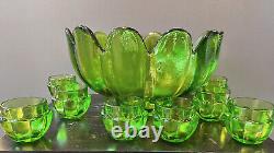 Vintage Green Glass Punch Bowl Tulip Shape Punchbowl Tulip Glasses VERY HEAVY