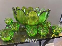 Vintage Green Glass Punch Bowl Tulip Shape Punchbowl Tulip Glasses VERY HEAVY