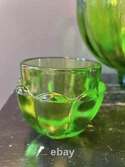 Vintage Green Glass Punch Bowl Tulip Shape Punchbowl Tulip Glasses VERY HEAVY