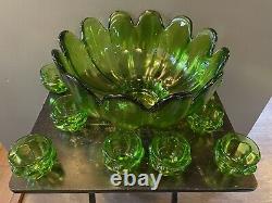 Vintage Green Glass Punch Bowl Tulip Shape Punchbowl Tulip Glasses VERY HEAVY