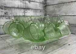 Vintage Green Tiara Chantilly Glass Punch Bowl & Cups Hooks EUC
