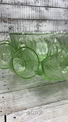 Vintage Green Tiara Chantilly Glass Punch Bowl & Cups Hooks EUC
