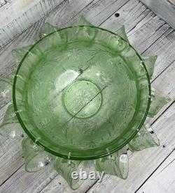 Vintage Green Tiara Chantilly Glass Punch Bowl & Cups Hooks EUC